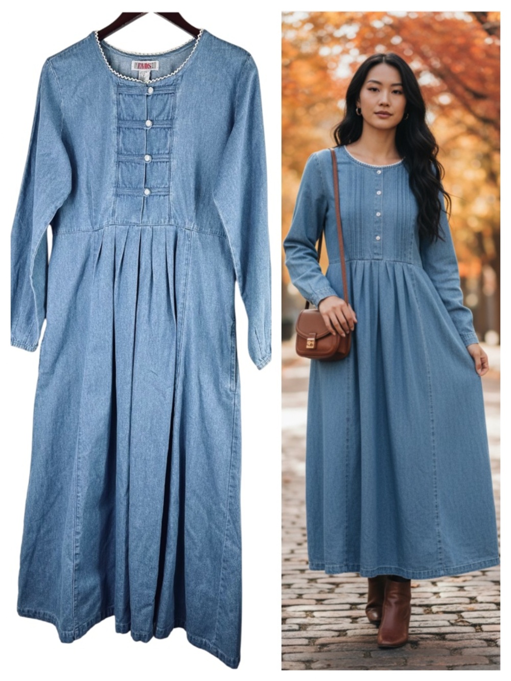 Vtg 80s 90s FADS Maxi Dress Sz 10 Medium Jean Denim Modest Prairie Cottage Blue